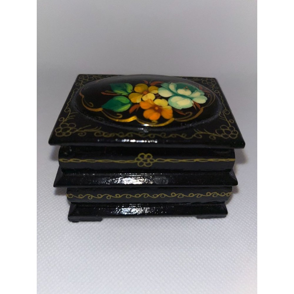 Vintage Miniature 2 Compartment Russian Lacquer Box with Flowers